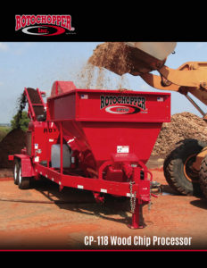 Wood chips being deposited into one of Rotochopper's red CP-118 wood chip processors.