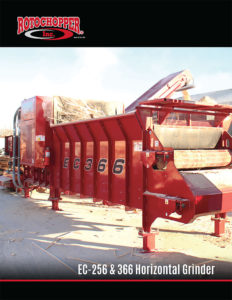 The view of one of Rotochopper's large, EC-256 & 366 horizontal grinder brochure cover.