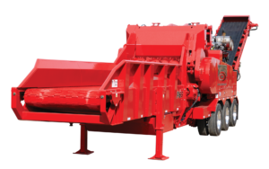 One of Rotochopper's FP-66 horizontal grinders, typically used for wood waste processing, with a white background.