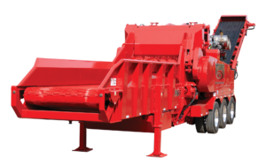 One of Rotochopper's FP-66 horizontal grinders, typically used for wood waste processing, with a white background.