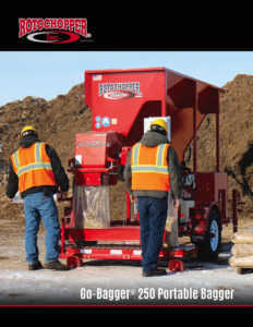 Two men working with one of Rotochopper's Go-Bagger 250 Portable Bagger machines on a work site.