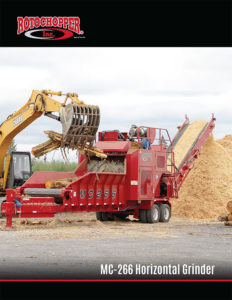 An MC-266 horizontal grinder machine grinding wood waste into mulch.