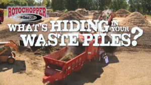 A Rotochopper MP-2 grinder at a work site with a text overlay reading "what's hiding in your waste piles?"