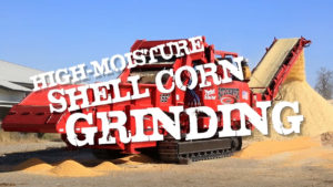 A machine depositing ground up high-moisture shell corn with a text overlay reading "high moisture shell corn grinding."