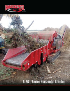 A B66 L-series horizontal grinder being loaded with brown and green waste.