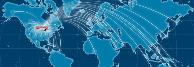 A world map showing the Rotochopper logo placed in their factory's location, representing their world-wide business.