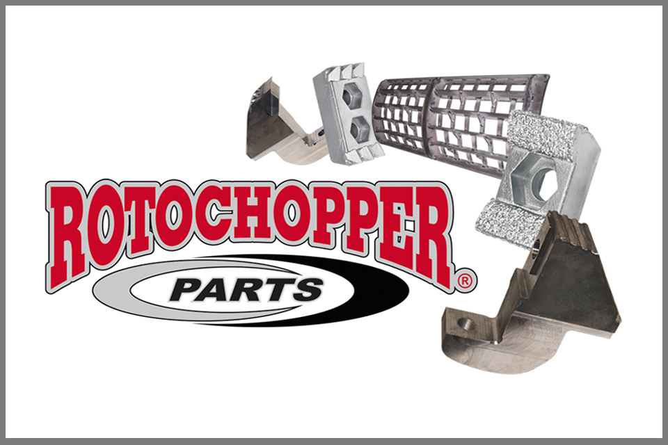 Collage of five machine wear parts, including rotors used in Rotochopper's machines, with the Rotochopper logo in the center.