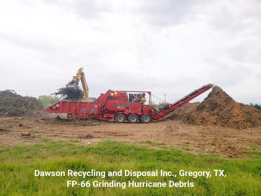 Rotochopper's FP-66 machine grinding hurricane debris; text at bottom says "Dawson Recycling and Disposal Inc., Gregory, TX."
