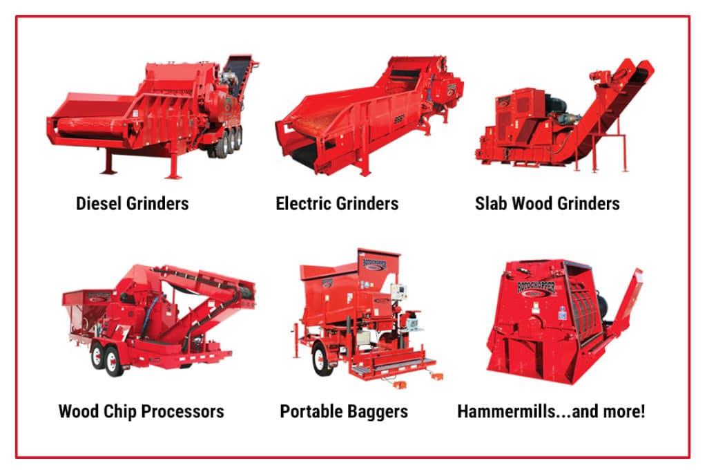 Images showing diesel grinders, electric grinders, slab wood grinders, wood chip processors, portable baggers, and hammermills, respectively.