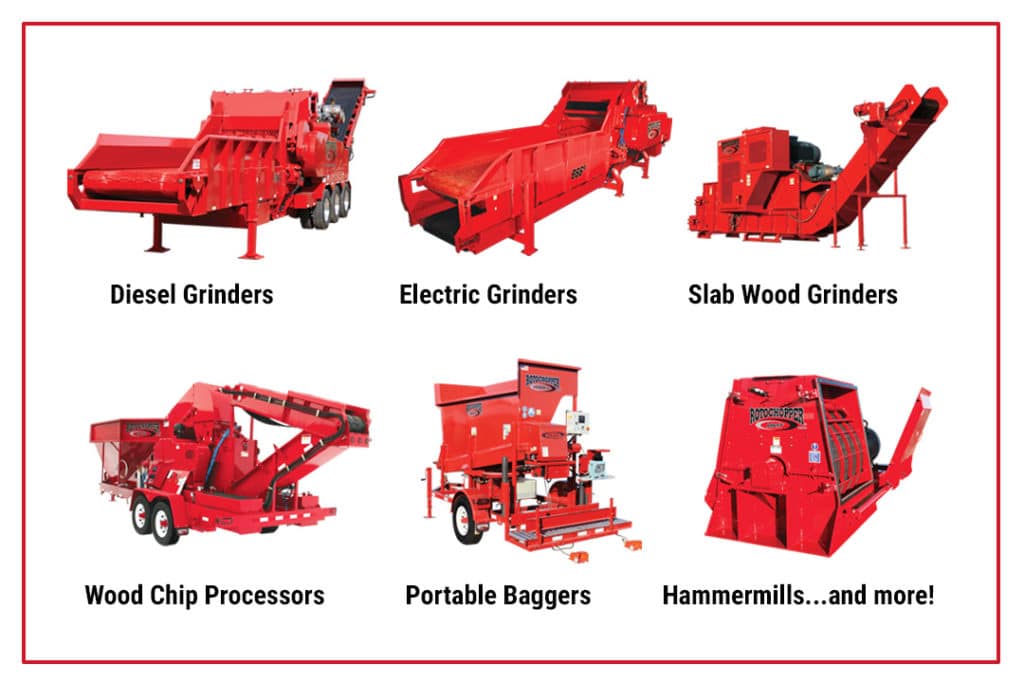 Images showing diesel grinders, electric grinders, slab wood grinders, wood chip processors, portable baggers, and hammermills, respectively.