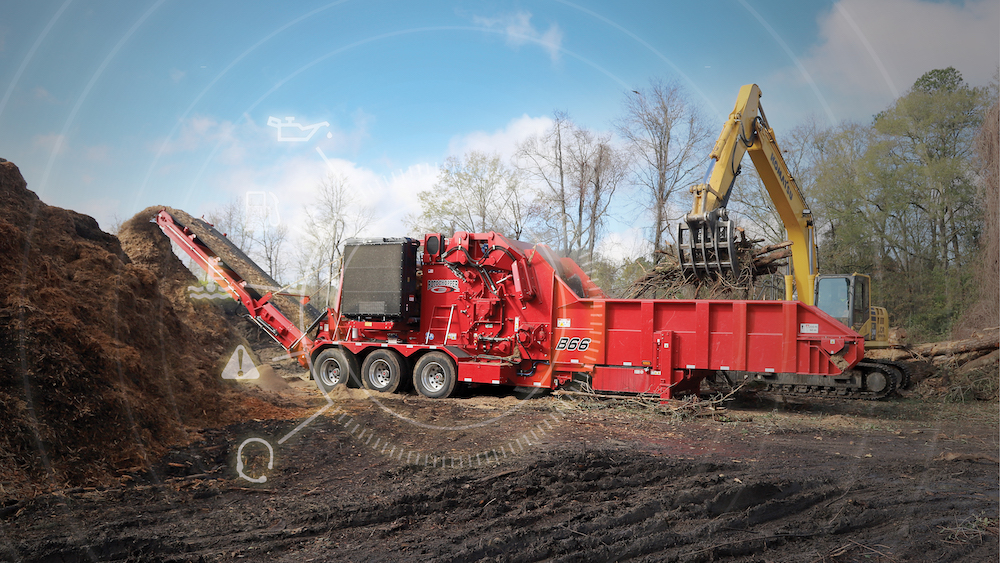 A Rotochopper grinder grinding wood.