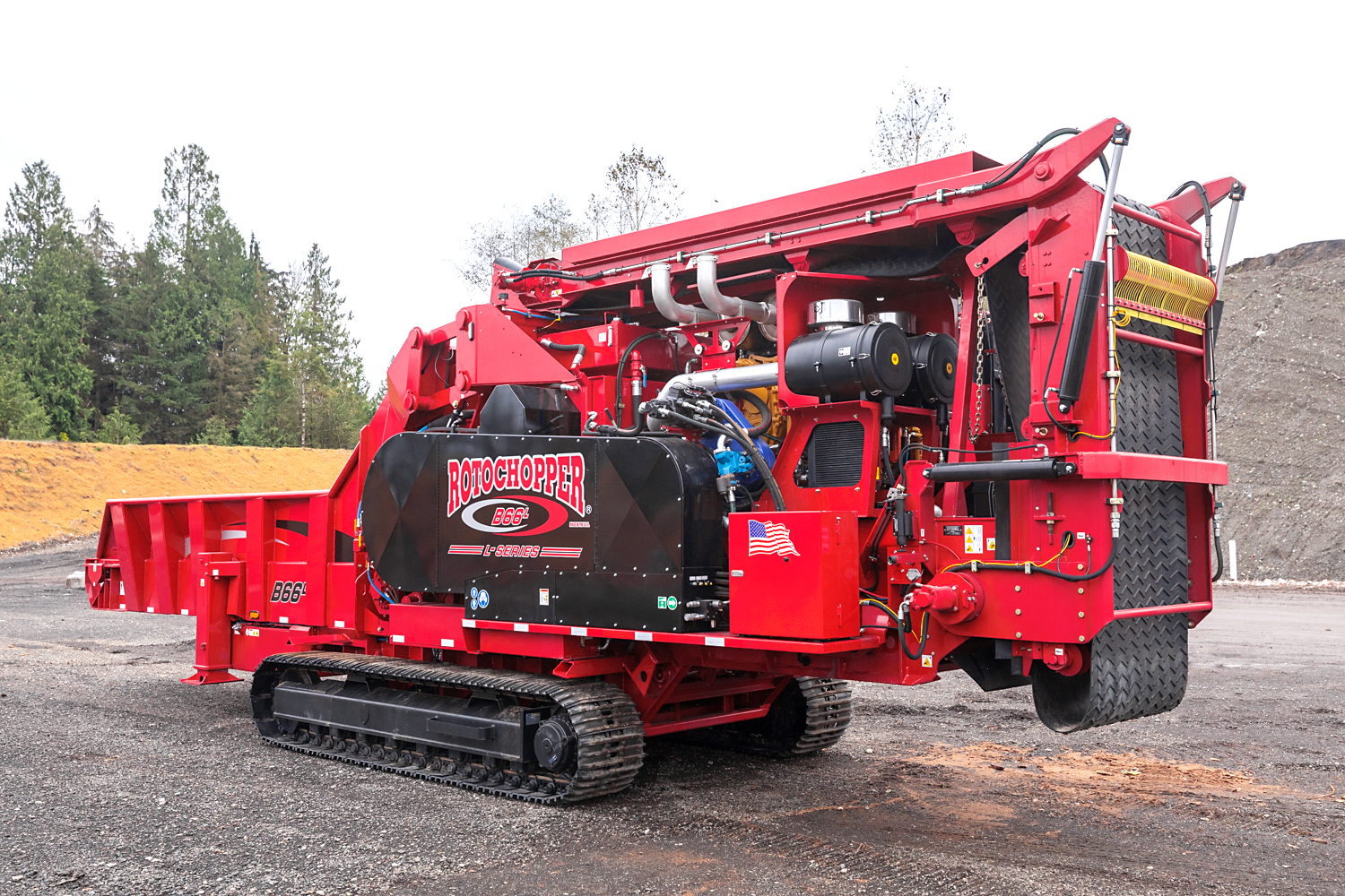 A Rotochopper horizontal grinder outside on tarmac.