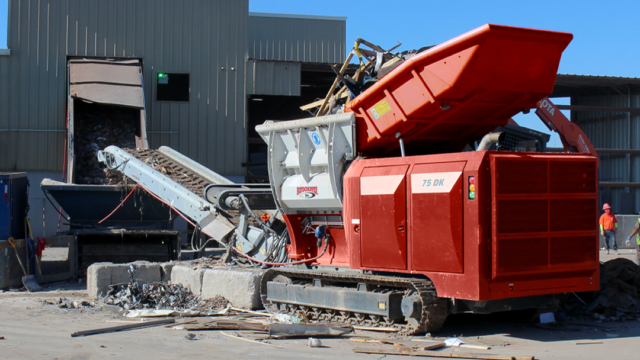 One of Rotochopper's 75 DK Shredder processing C & D waste at a materials recycling facility.