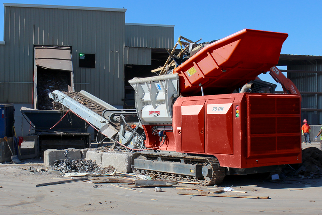 One of Rotochopper's 75 DK Shredder processing C & D waste at a materials recycling facility.