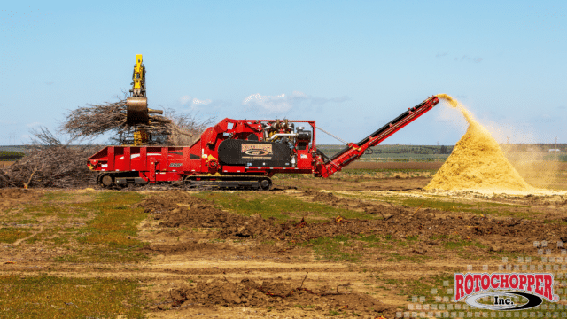 A Rotochopper grinder processing whole orchard recycling waste.