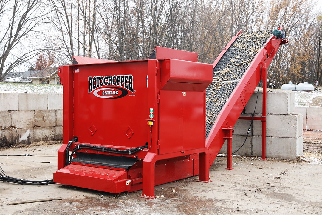 A red Rotochopper Sarlac machine.